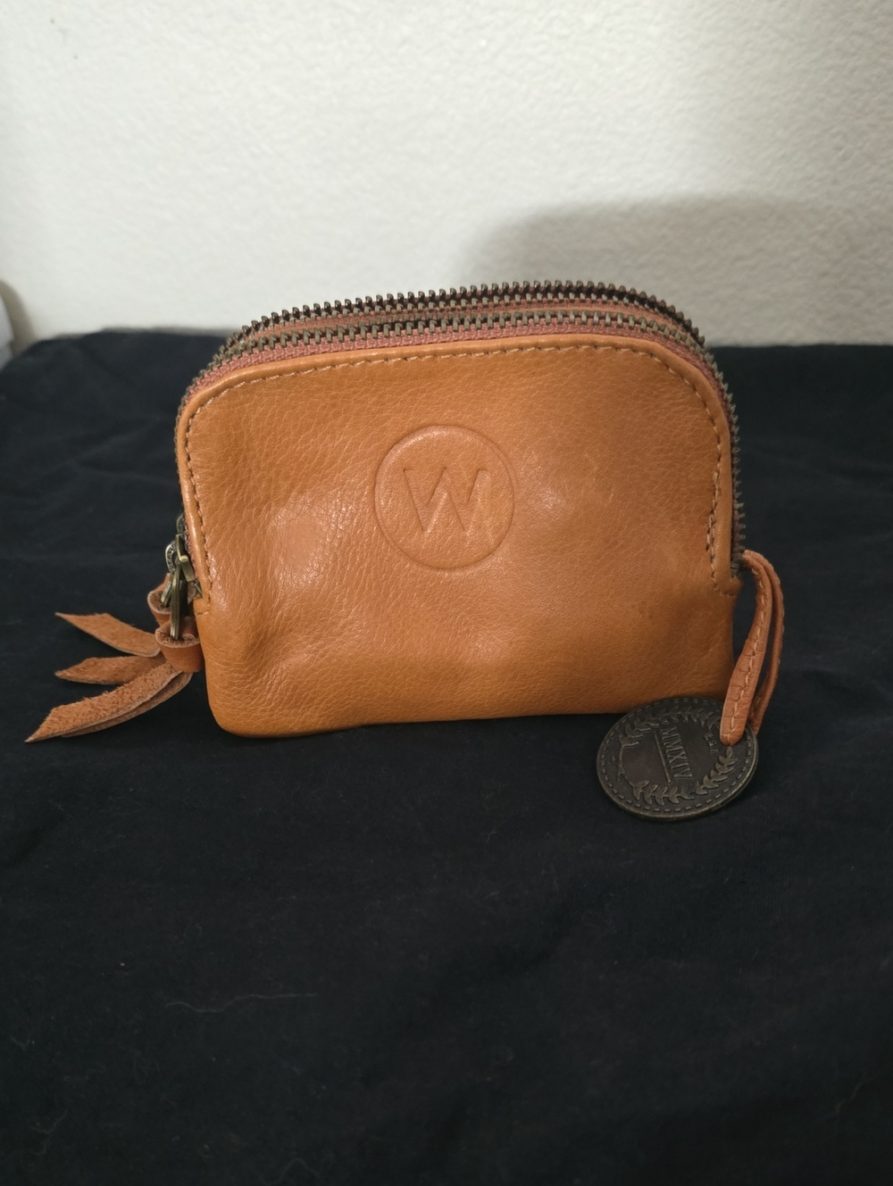 Tan Leather Coin Pouch with Embossed 'W' Tag